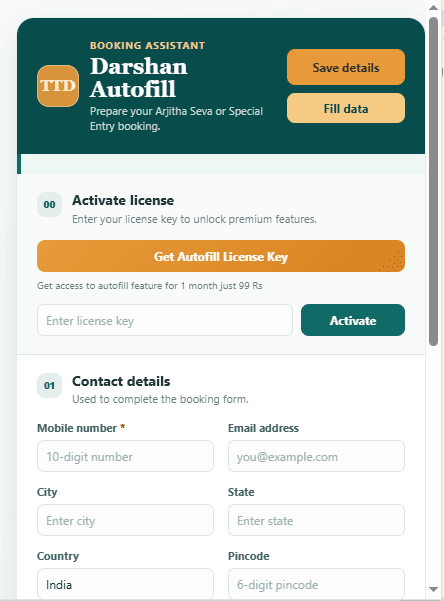 Darshan Autofill popup with contact details and booking date